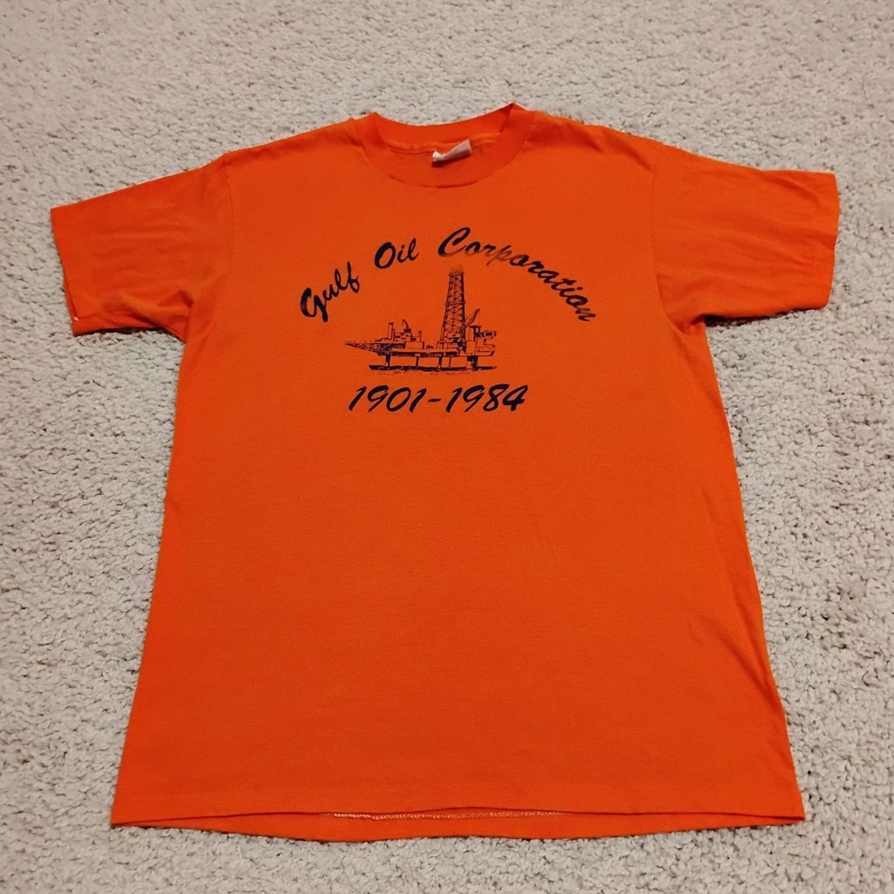 Vintage Hanes Shirt Mens Large Orange Single Stitch Tee Gulf Oil USA Gas 80s